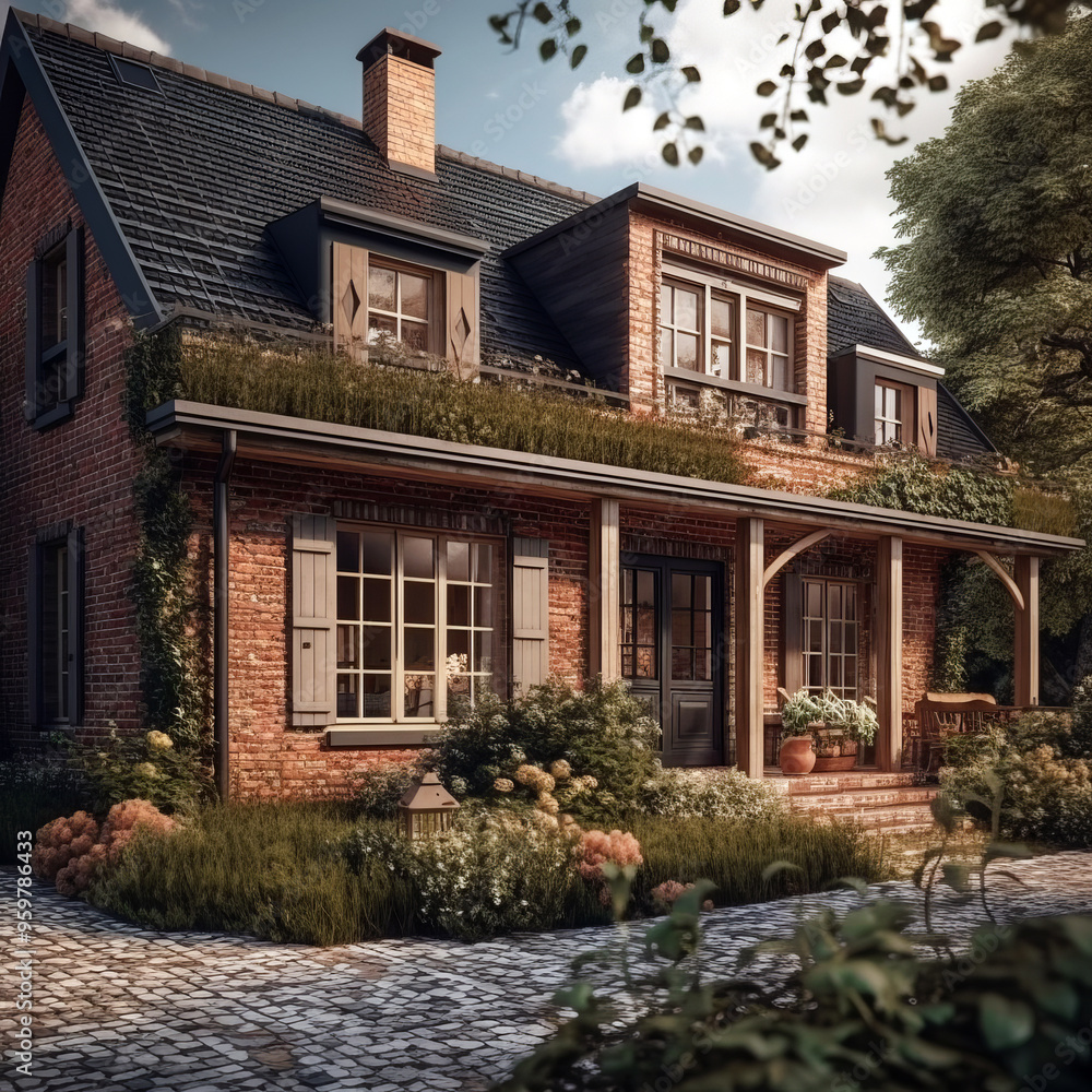 A charming Dutch style brick house with rustic shutters, a well-maintained garden, and a cozy front porch exudes warmth and character, complemented by a cobblestone pathway. A charming Dutch style brick house with rustic shutters, a well-maintained garden, and a cozy front porch exudes warmth and character, complemented by a cobblestone pathway.