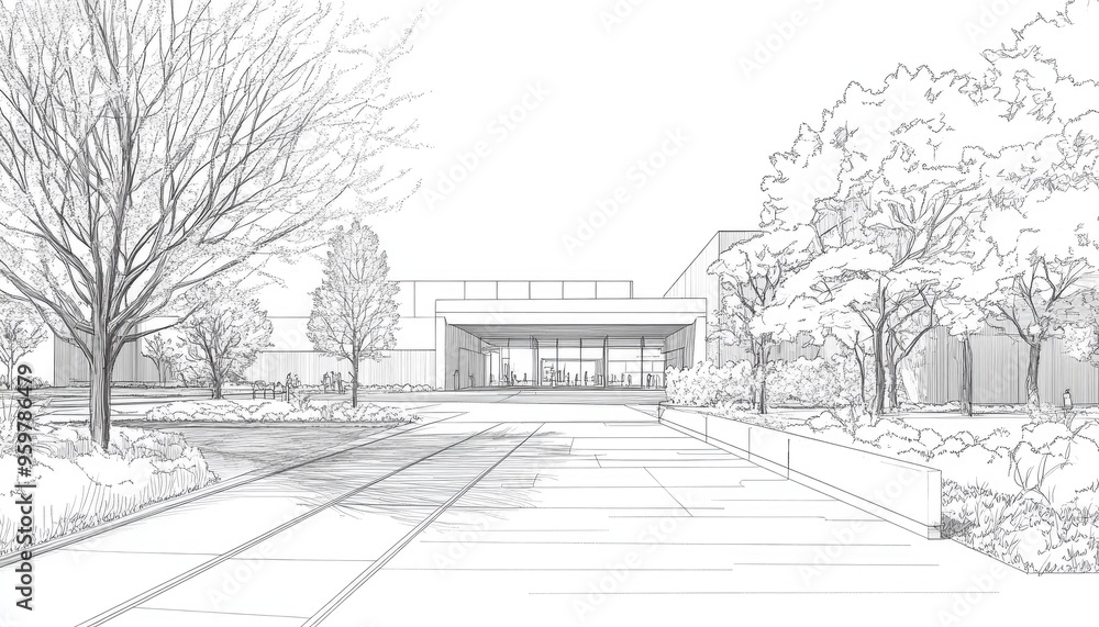 Line art illustration of a museum s main entrance viewed from the street on a spring day Line art illustration of a museum s main entrance viewed from the street on a spring day