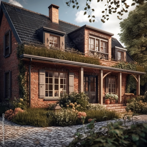 A charming Dutch style brick house with rustic shutters, a well-maintained garden, and a cozy front porch exudes warmth and character, complemented by a cobblestone pathway.