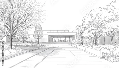 Line art illustration of a museum s main entrance viewed from the street on a spring day photo