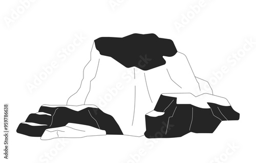 Natural rocks podium black and white 2D line objects. Cliffy mountains terrain formation. Old textured stones group isolated clip art vector outline item. Monochromatic spot illustration