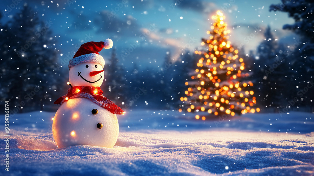 Obraz premium snow man on snow floor and christmas tree
