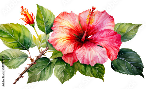 red hibiscus flower clipart illustration with watercolor technique photo