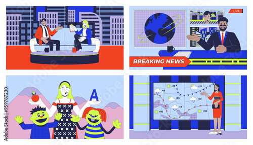 TV news and shows cartoon flat illustrations set. Puppets, weather girl, anchorman 2D characters colorful backgrounds. Television broadcasting programs scenes vector storytelling images collection