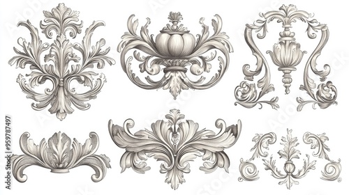 Line art illustration featuring a set of vintage Baroque elements for design including decorative filigree and calligraphy accents