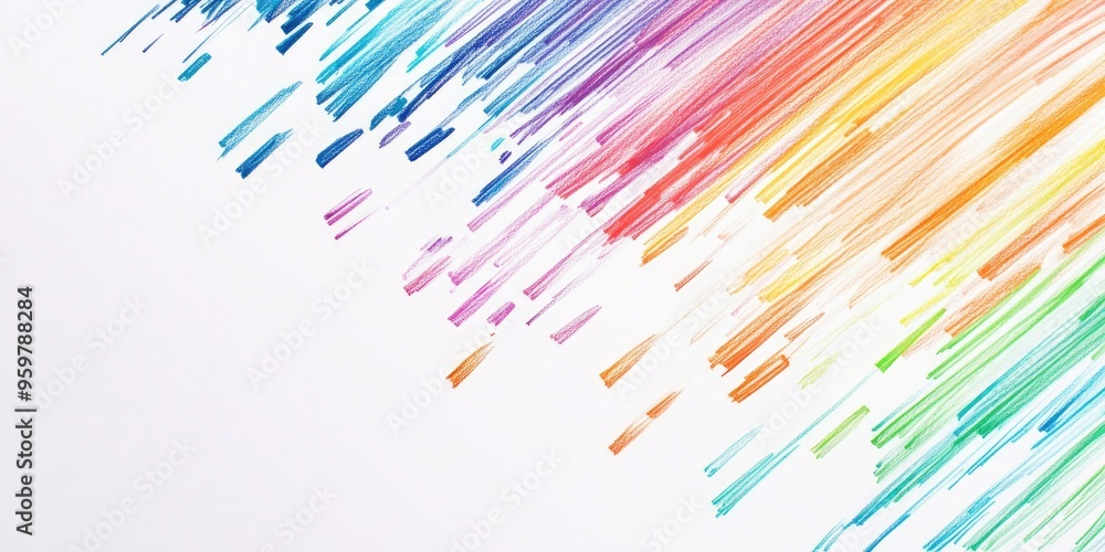 Colorful pencil lines arranged like a scattered rainbow in a top view layout on a clean white background Colorful pencil lines arranged like a scattered rainbow in a top view layout on a clean white background