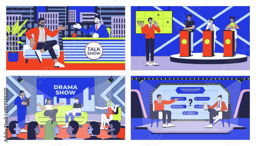 Entertainment TV shows cartoon flat illustrations set. Interview, human drama, game show. Hosts participants 2D characters colorful backgrounds. Programs scenes vector storytelling images collection