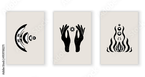 A set of mystical posters, esotericism, tarot cards, metaphorical cards, posters for the interior. Symbols and signs.