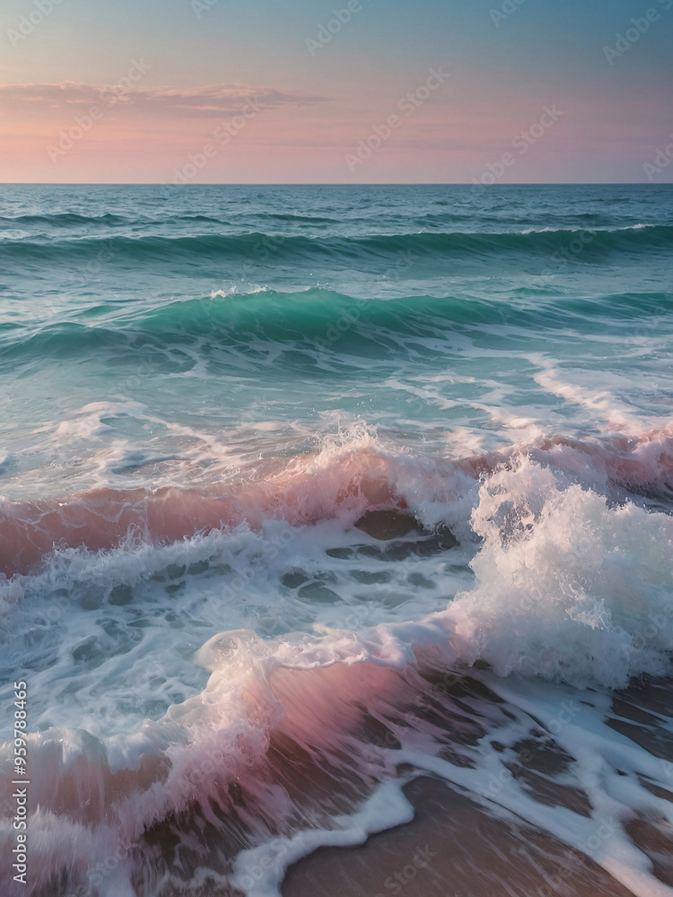 Fototapeta premium an abstract background featuring flowing ocean waves in soft pastel colors like light aqua, lavender, and blush pink