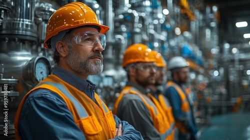 Industrial Expertise: A team of skilled industrial workers, clad in safety gear, stand in a bustling factory setting, showcasing their dedication and expertise in a high-tech environment.