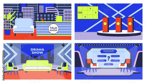 Entertainment TV shows studio setups cartoon flat illustrations set. Television broadcasting 2D interiors colorful backgrounds. Drama, games programs scenes vector storytelling images collection