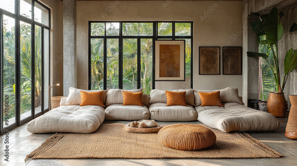 Fototapeta premium Living room with handmade lamps, featuring unique, artisanal lighting that adds a personal touch to the decor