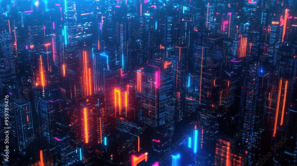Abstract 3D illustration of a night cityscape featuring vibrant neon glow elements Abstract 3D illustration of a night cityscape featuring vibrant neon glow elements