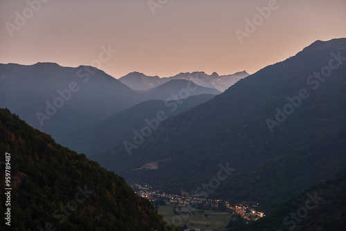 Views from Canejan in the Val de Aran towards the Aneto mountains. Pyrenees. Catalonia. Spain photo