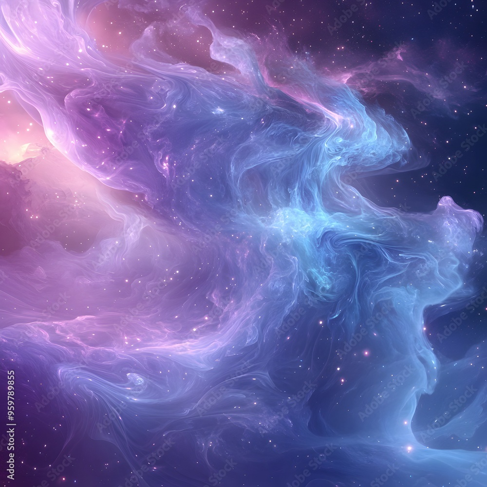 Obraz premium A background with a dark purple and blue gradient, a pink nebula in the upper right corner, the bottom left is an abstract figure of smoke