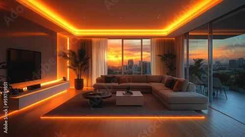 Living room with lamps, focusing on the placement and effect of various lighting fixtures in a modern, comfortable space