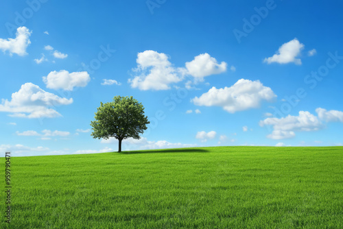 Tree stands in the middle of a green field under a bright blue sky with white clouds