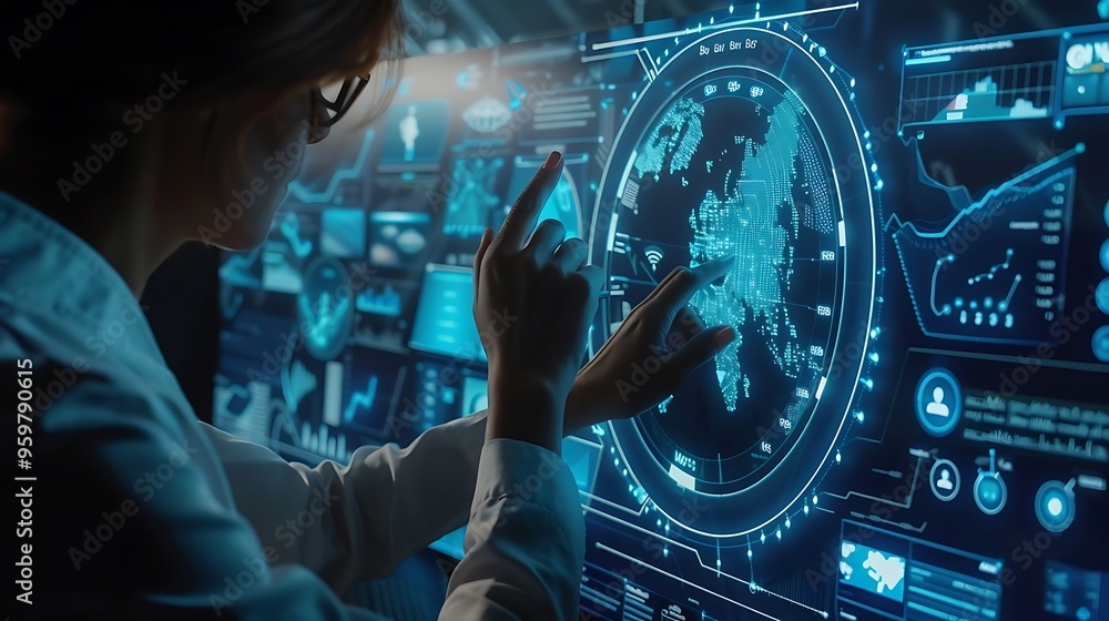 Global Data Analysis: A lone figure, illuminated by the glow of a