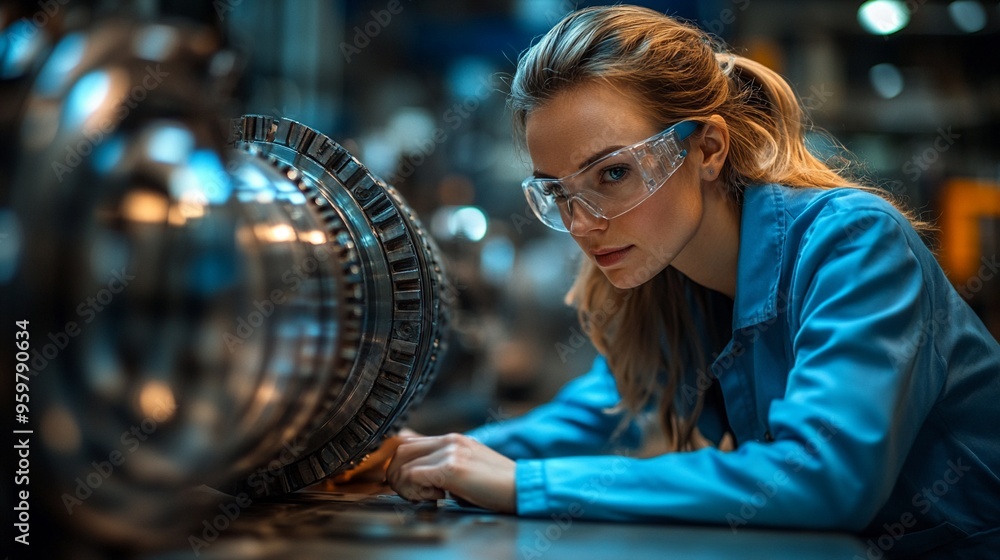 Precision Engineering: Female Engineer in the Industrial Heart - A young woman in safety goggles meticulously inspects machinery in a high-tech manufacturing plant, embodying skilled labor. Precision Engineering: Female Engineer in the Industrial Heart - A young woman in safety goggles meticulously inspects machinery in a high-tech manufacturing plant, embodying skilled labor.