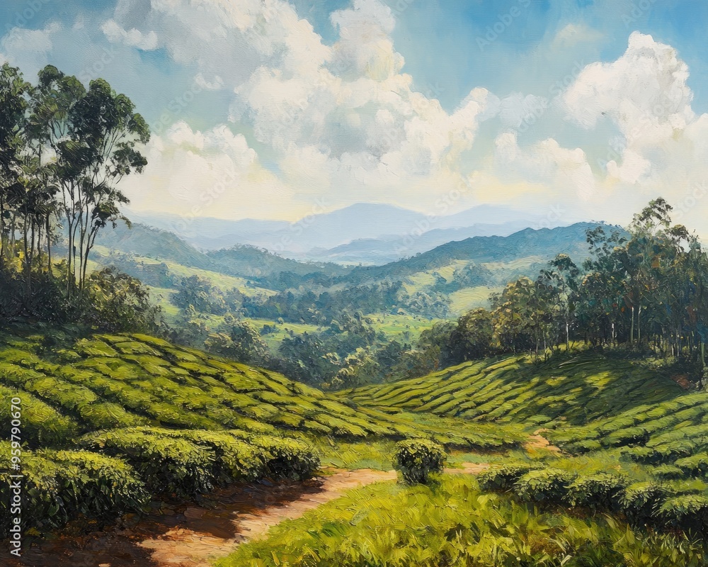 Naklejka premium Oil painting depicting a panoramic view of a lush tea plantation landscape