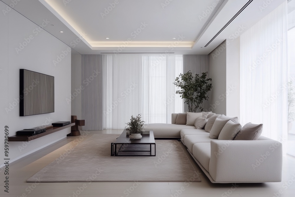 Fototapeta premium A simple minimalist living space with a balanced furniture arrangement, highlighting harmony and understated elegance.