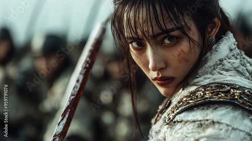 A close-up of a fierce woman warrior with a blood-streaked face, intense eyes, and determination, with her sword ready amidst a backdrop of chaos and soldiers on the battlefield. photo