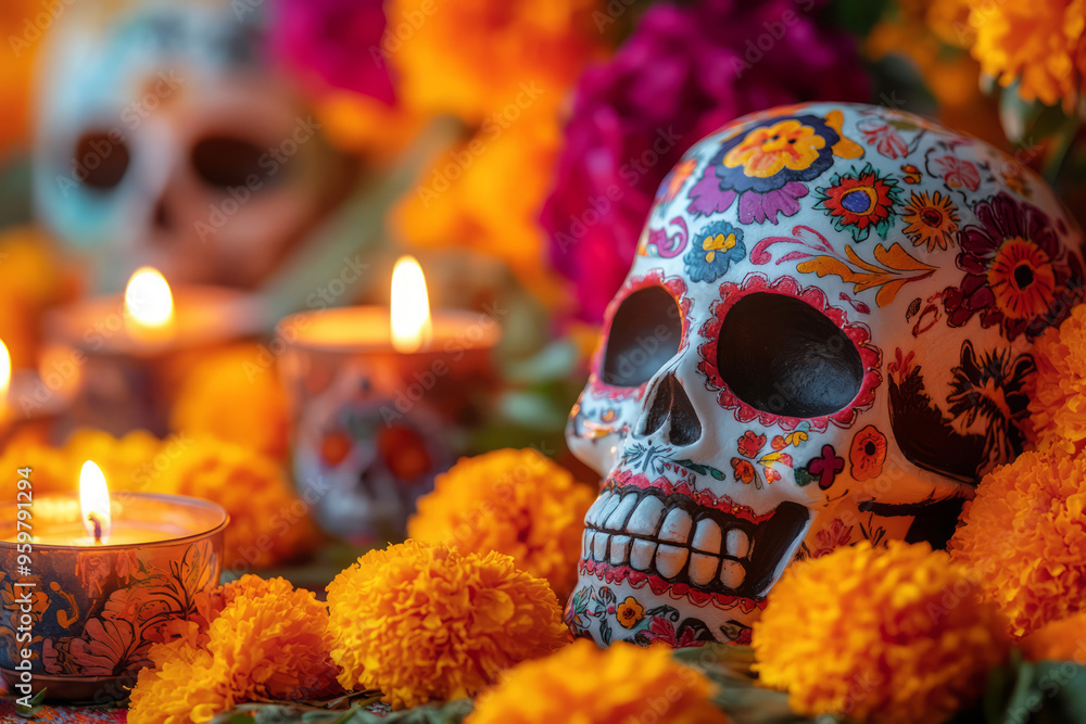 Vibrant sugar skulls surrounded by marigolds and lit candles Vibrant sugar skulls surrounded by marigolds and lit candles