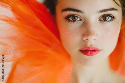 A close-up of a woman s face reflected in a mirror, her body mid-dance with flowing fabric around her, capturing the contrast between stillness and motion, Intimate, Photography photo