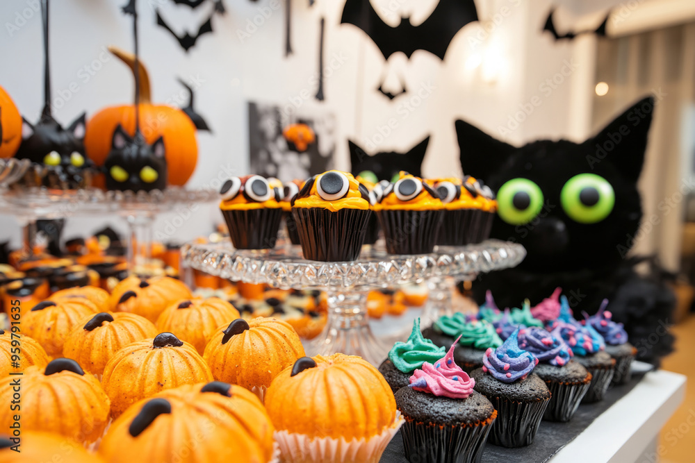 Festive Halloween dessert table featuring themed cupcakes, pumpkin shaped treats, and spooky decorations Festive Halloween dessert table featuring themed cupcakes, pumpkin shaped treats, and spooky decorations
