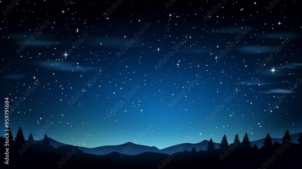 Starry night sky over mountains with silhouettes of pine trees at dusk Starry night sky over mountains with silhouettes of pine trees at dusk