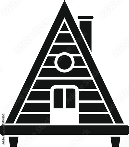 Black and white icon of a small a frame cabin with a chimney
