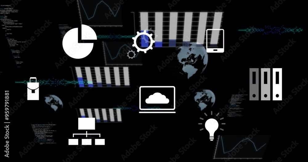 Charts, graphs, and technology icons animation over dark background ...