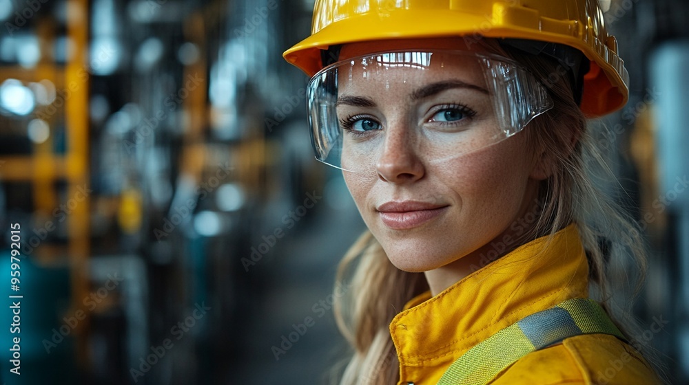 Confident Engineer: A young woman in a yellow hardhat and safety glasses looks directly at the camera with a confident expression. She is standing in an industrial setting, surrounded by machinery Confident Engineer: A young woman in a yellow hardhat and safety glasses looks directly at the camera with a confident expression. She is standing in an industrial setting, surrounded by machinery
