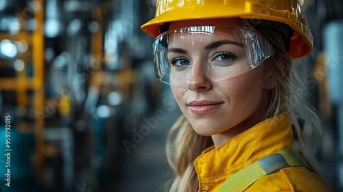 Confident Engineer: A young woman in a yellow hardhat and safety glasses looks directly at the camera with a confident expression. She is standing in an industrial setting, surrounded by machinery