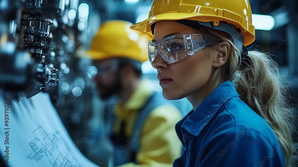 Focused on the Task: A female engineer, wearing safety glasses and a hard hat, intently studies blueprints in a high-tech industrial setting, showcasing her expertise and dedication to precision. Focused on the Task: A female engineer, wearing safety glasses and a hard hat, intently studies blueprints in a high-tech industrial setting, showcasing her expertise and dedication to precision.