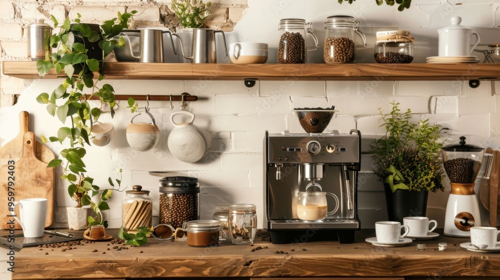 A kitchen counter with a coffee maker and a variety of coffee cups and mugs A kitchen counter with a coffee maker and a variety of coffee cups and mugs