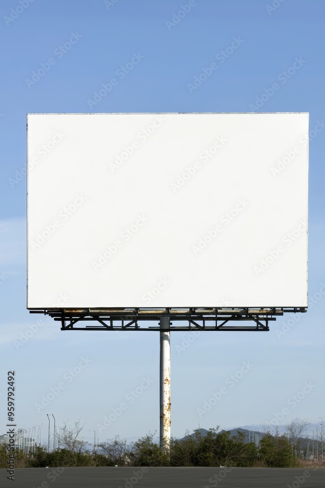 Obraz premium Outdoor billboard with a white canvas, supported by a strong metal structure, standing out against a pristine blue sky
