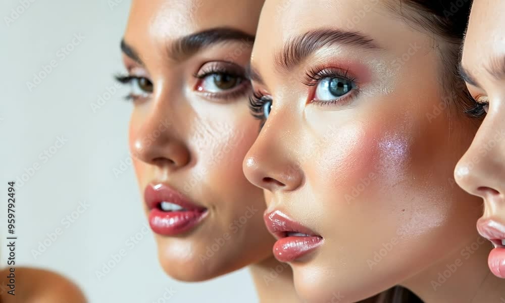 Three close-up portraits of young women with radiant, glowing skin and defined features. Their dewy complexions, rosy cheeks, and glossy lips create a fresh and elegant look. Generative Ai Three close-up portraits of young women with radiant, glowing skin and defined features. Their dewy complexions, rosy cheeks, and glossy lips create a fresh and elegant look. Generative Ai
