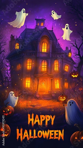 Spooky Halloween Scene with Pumpkins and Ghost
