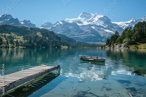 Serene Alpine Reflections: Tranquility reigns on a crystal-clear Swiss lake, its surface mirroring majestic snow-capped peaks and a charming wooden dock. 