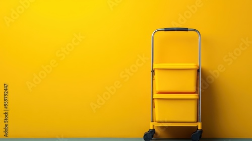 A bright yellow cleaning cart with multiple compartments stands against a vibrant yellow wall, representing efficiency and cleanliness in a strikingly colorful setting. photo