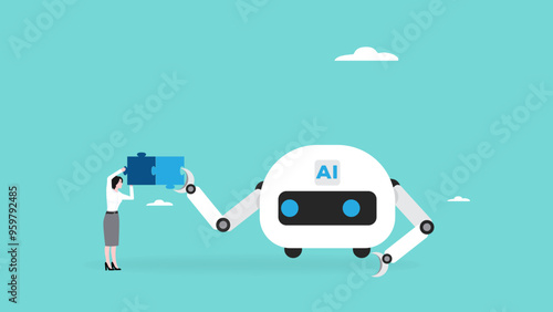 license agreement with artificial intelligence agency, artificial intelligence contract, AI with the future of work, businesswoman collaborates with an AI robot to solve a puzzle