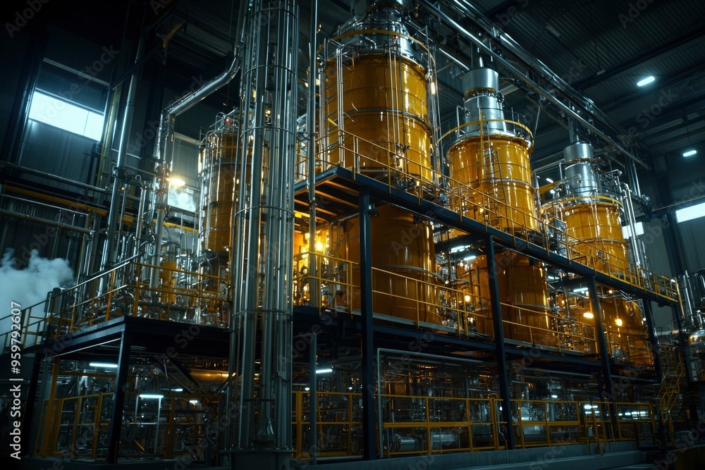 Fototapeta premium Industrial Interior with Large Cylindrical Tanks and Complex Piping Systems