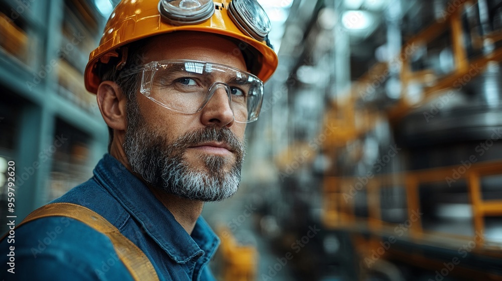 The Determined Engineer: Portrait of a seasoned engineer in a bustling factory setting, his gaze reflecting experience and resolve. The Determined Engineer: Portrait of a seasoned engineer in a bustling factory setting, his gaze reflecting experience and resolve.