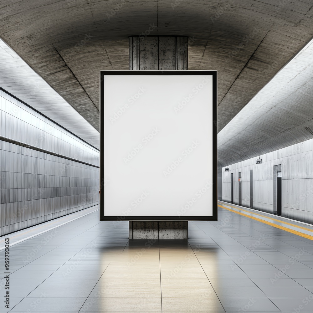 Subway station with a glowing blank billboard, creating a focal point in the minimalist tiled environment, inviting creative possibilities Subway station with a glowing blank billboard, creating a focal point in the minimalist tiled environment, inviting creative possibilities
