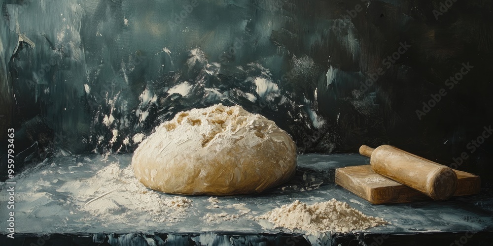 Oil painting showcasing dough and flour on a dark surface illustrating the process of culinary preparation Oil painting showcasing dough and flour on a dark surface illustrating the process of culinary preparation