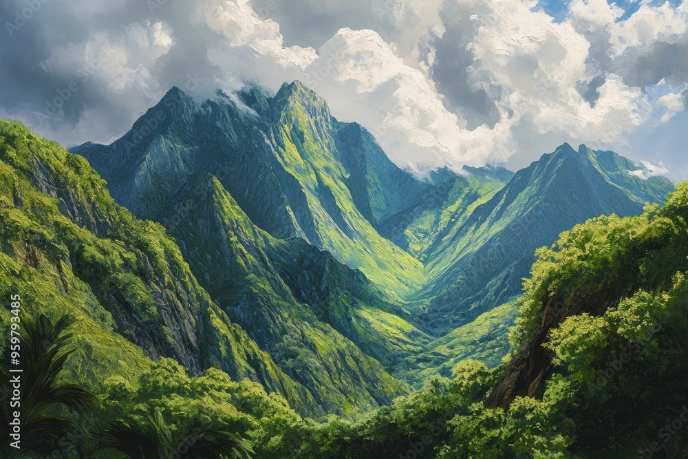 Oil painting of towering green mountains showcasing lush overgrowth and dramatic peaks Oil painting of towering green mountains showcasing lush overgrowth and dramatic peaks