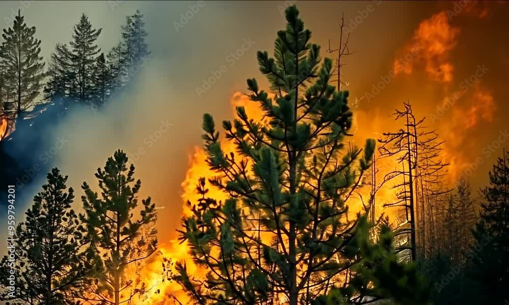 A raging wildfire spreads across a forest, with intense orange flames and thick smoke billowing into the sky. The dry landscape fuels the fire, creating a dangerous and destructive scene Generative Ai A raging wildfire spreads across a forest, with intense orange flames and thick smoke billowing into the sky. The dry landscape fuels the fire, creating a dangerous and destructive scene Generative Ai