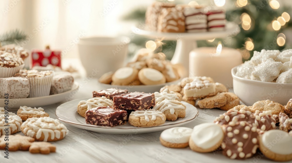 A table filled with homemade Christmas treats, cookies, fudge, and candies A table filled with homemade Christmas treats, cookies, fudge, and candies