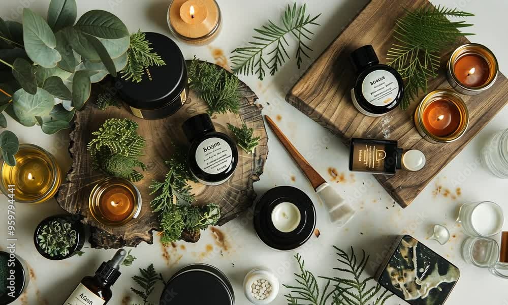 A collection of black skincare bottles displayed outdoors with lush green plants in the background. The products emphasize natural ingredients and wellness in a serene setting. Generative Ai A collection of black skincare bottles displayed outdoors with lush green plants in the background. The products emphasize natural ingredients and wellness in a serene setting. Generative Ai